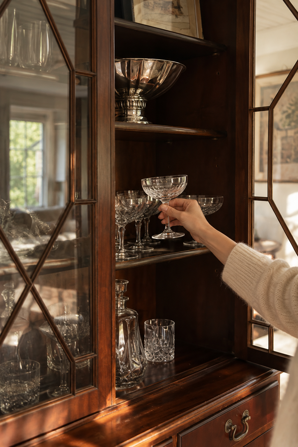 A person's hand reaches into a dark wood hutch to place several clear glass coupe glasses on a shelf, with other glassware and a silver bowl displayed inside.