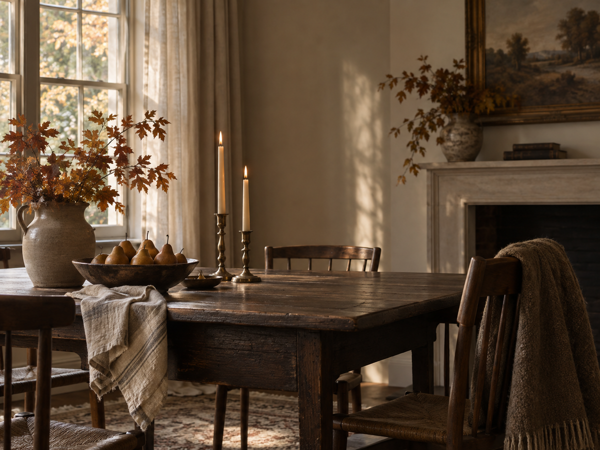 A rustic dark wood dining table in a warmly lit, traditional dining room with autumn foliage, candles, pears, and a fireplace in the background.