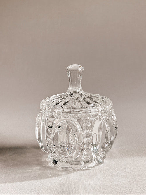 Vintage bonbonnière i presset glas | Fornemt ovalt mønster