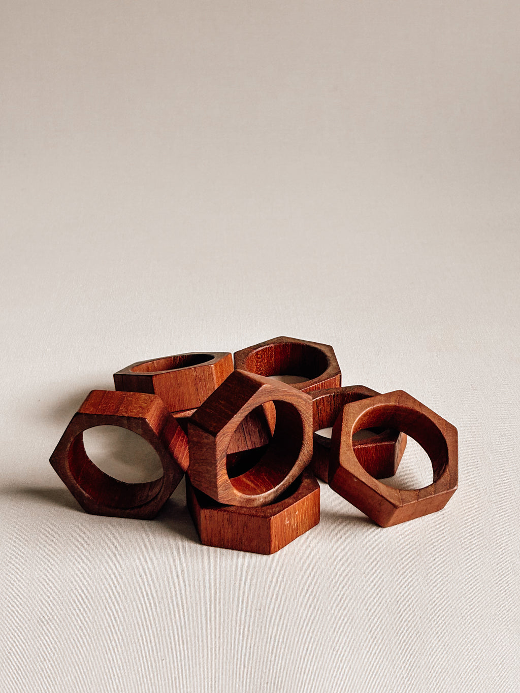 Vintage Hexagonal Teak Napkin Rings | Set of Eight