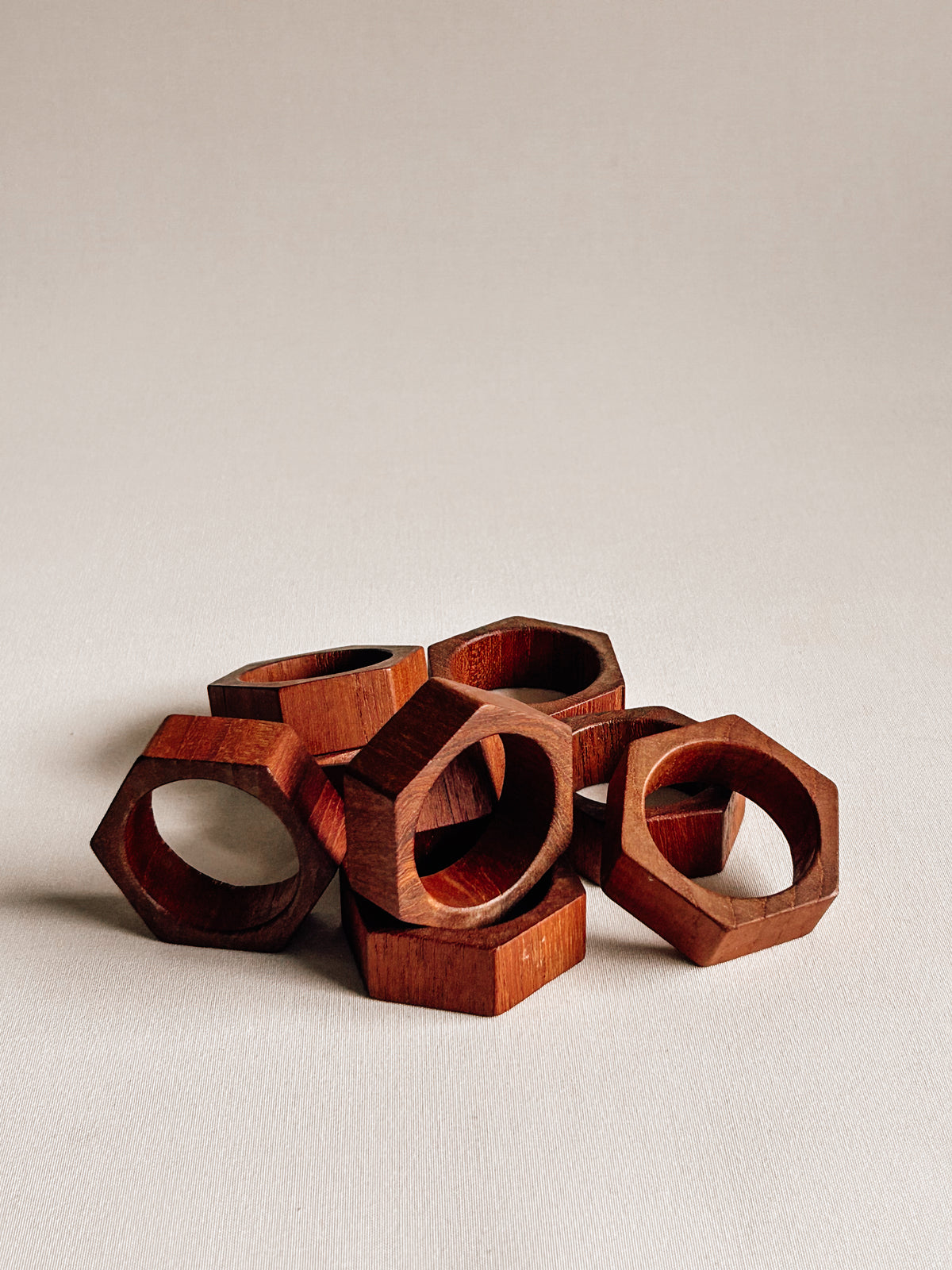Vintage Hexagonal Teak Napkin Rings | Set of Eight