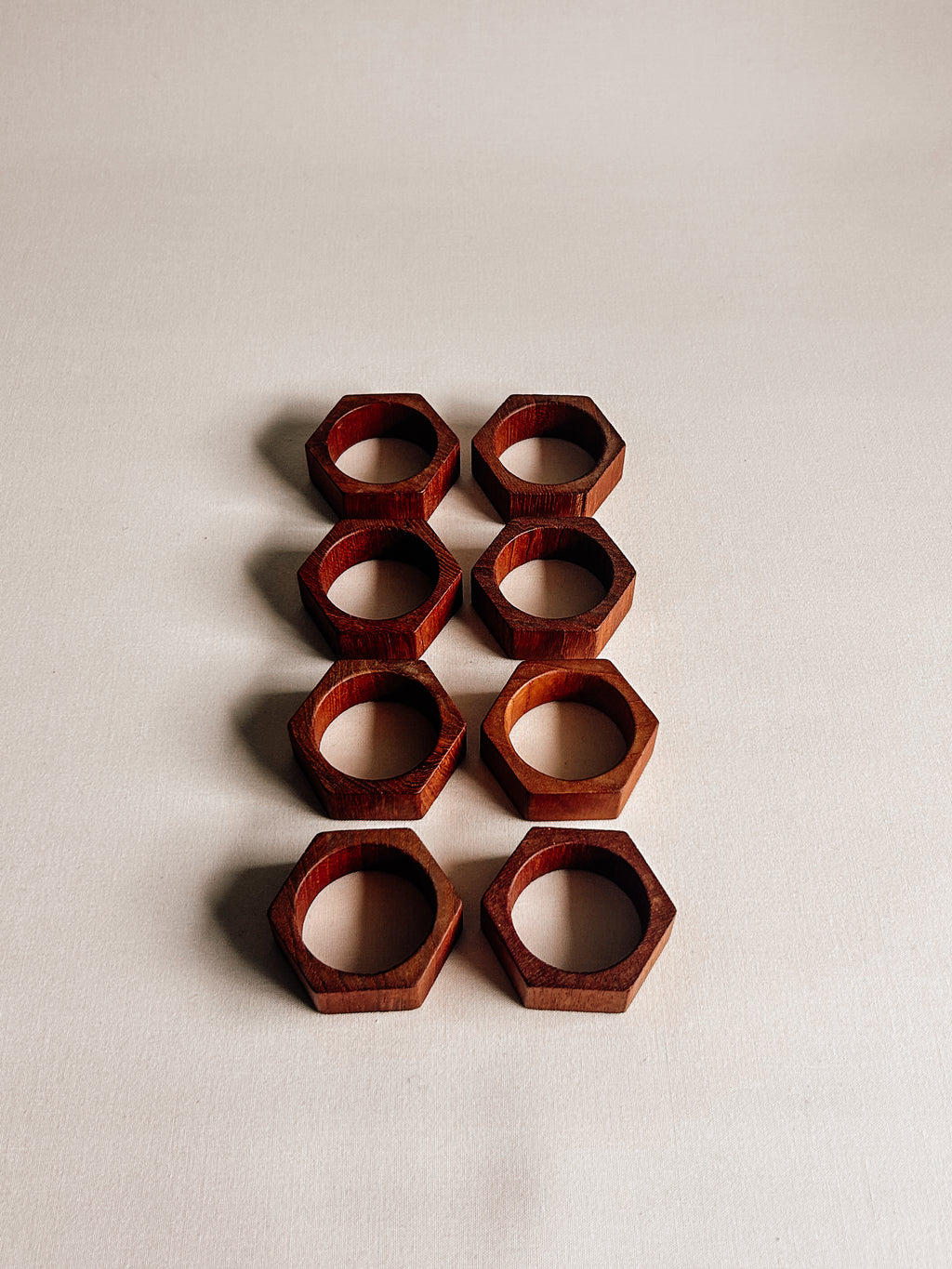 Vintage Hexagonal Teak Napkin Rings | Set of Eight