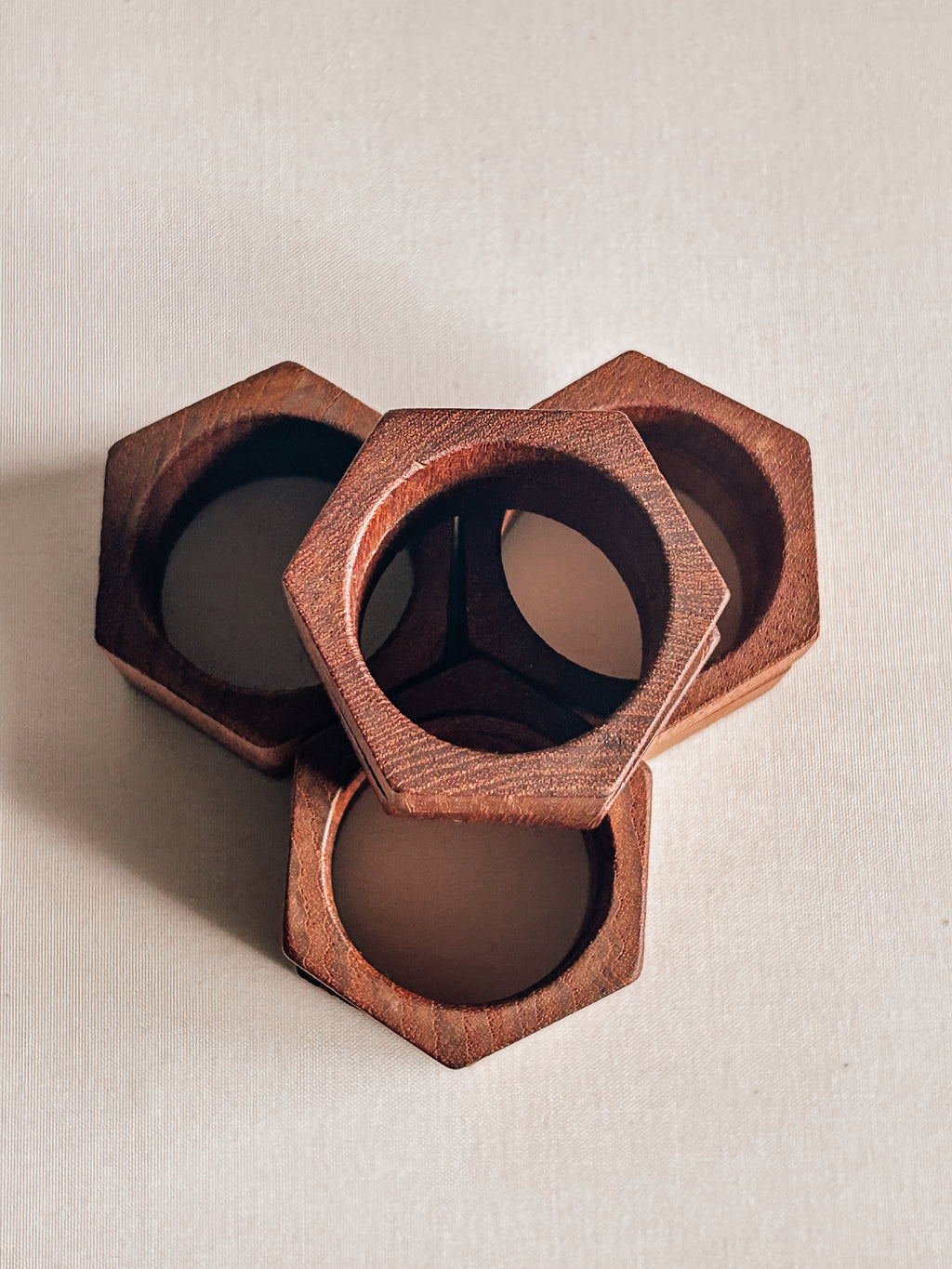 Vintage Hexagonal Teak Napkin Rings | Set of Eight