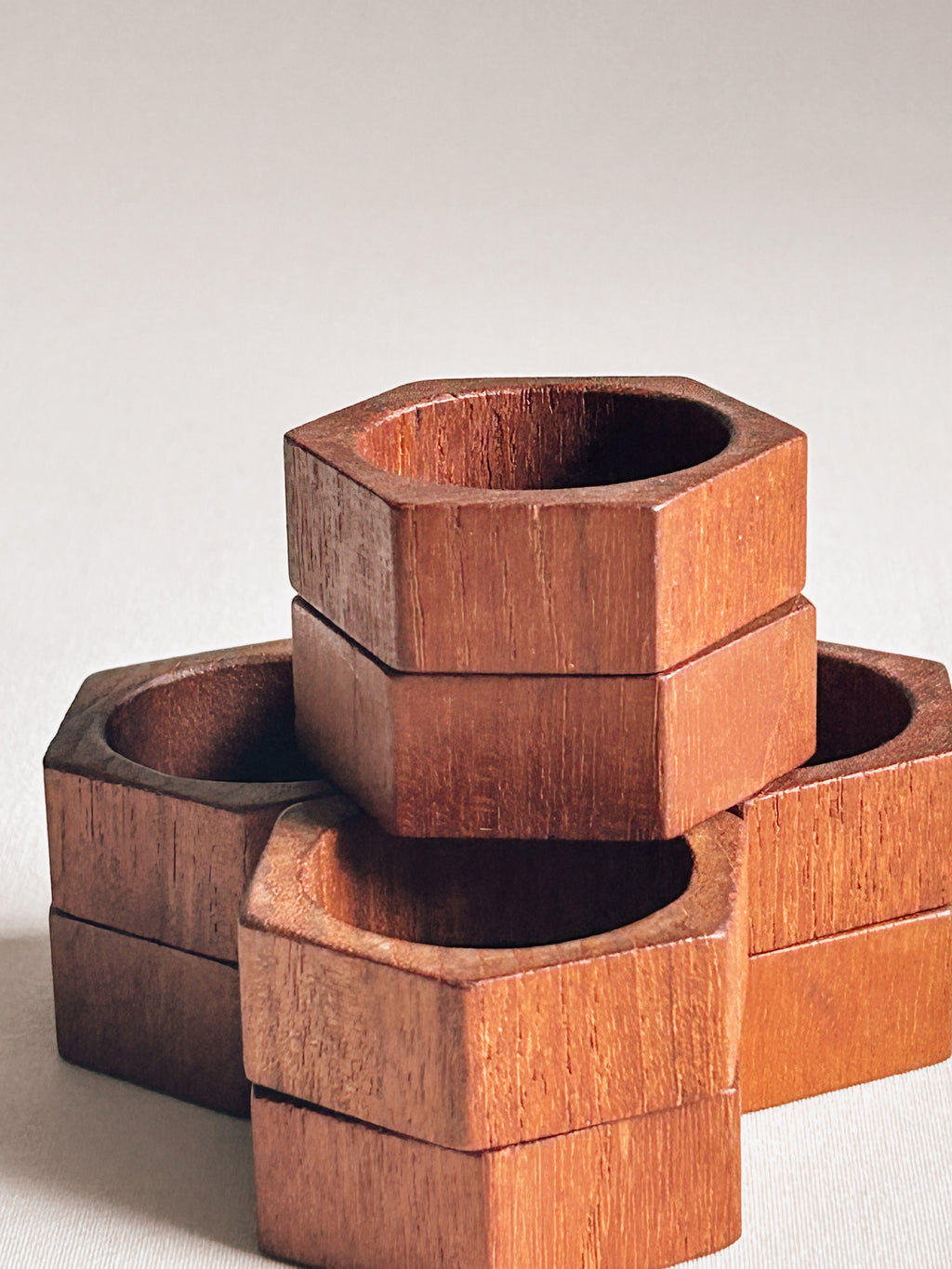 Vintage Hexagonal Teak Napkin Rings | Set of Eight