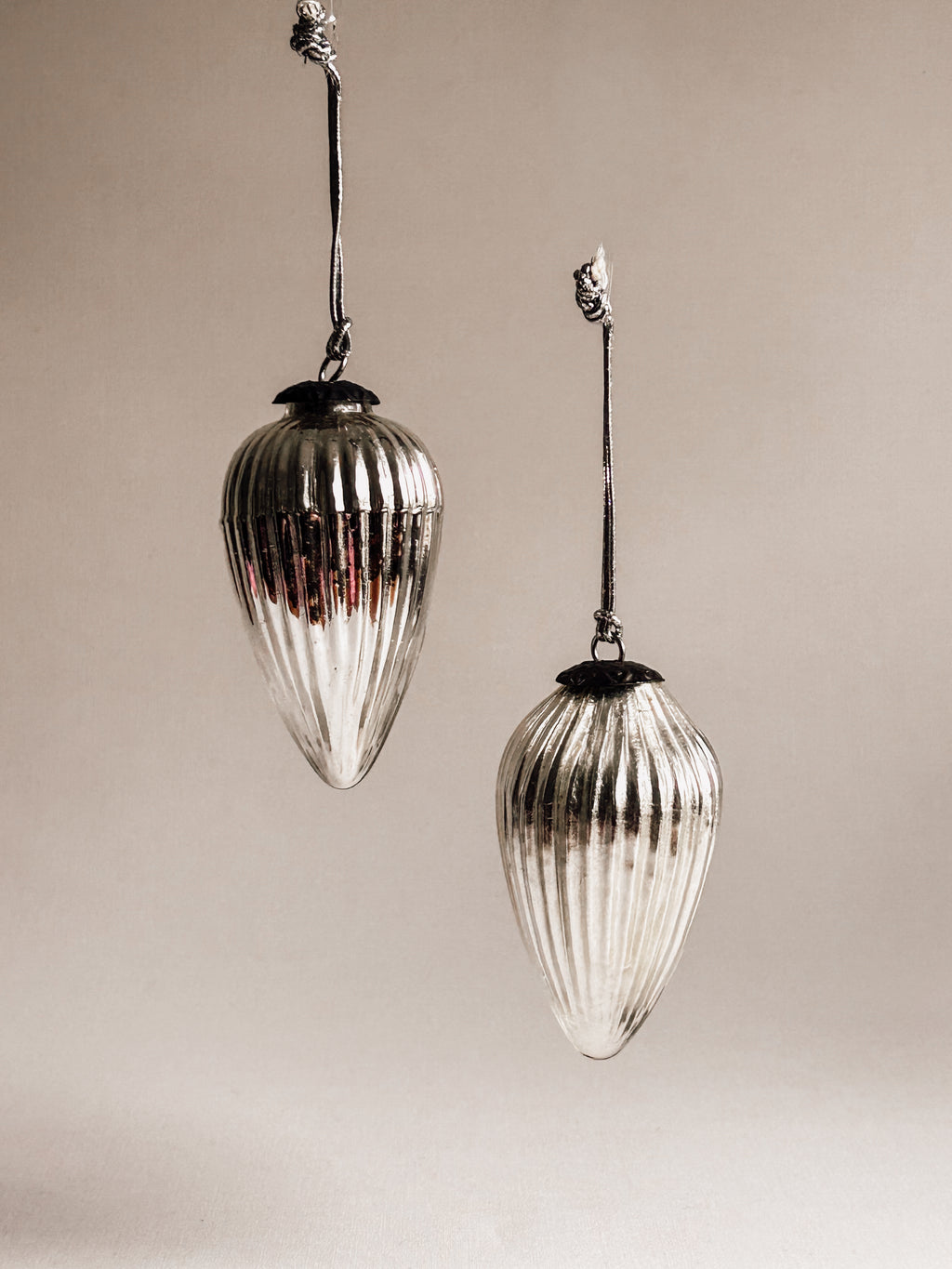 Hand-Blown Silver Glass Teardrop Ornaments | Set of Two