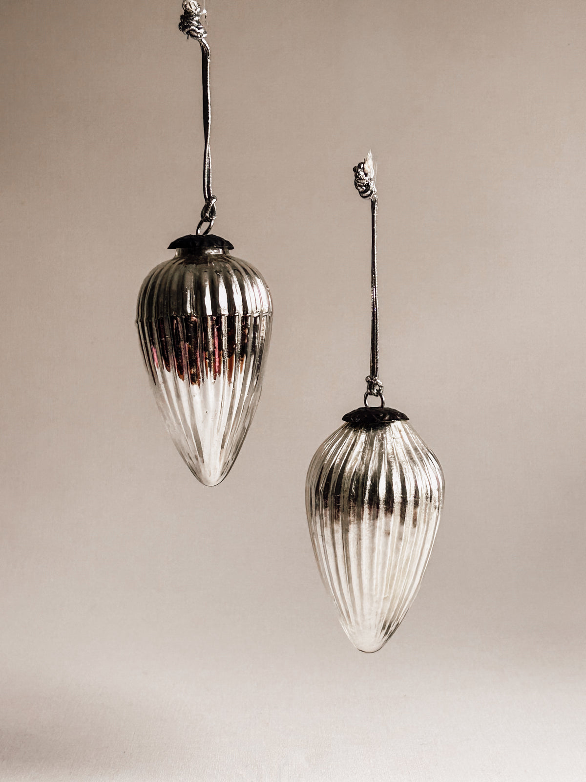 Hand-Blown Silver Glass Teardrop Ornaments | Set of Two