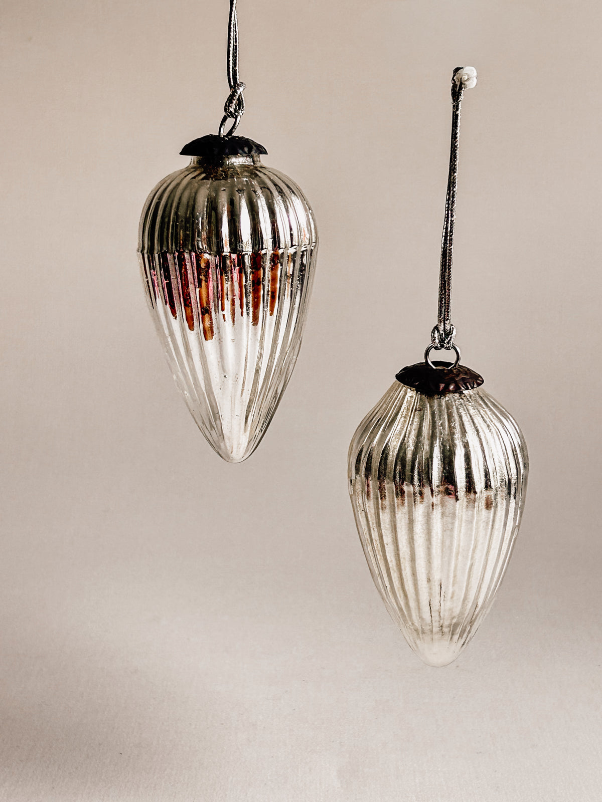 Hand-Blown Silver Glass Teardrop Ornaments | Set of Two