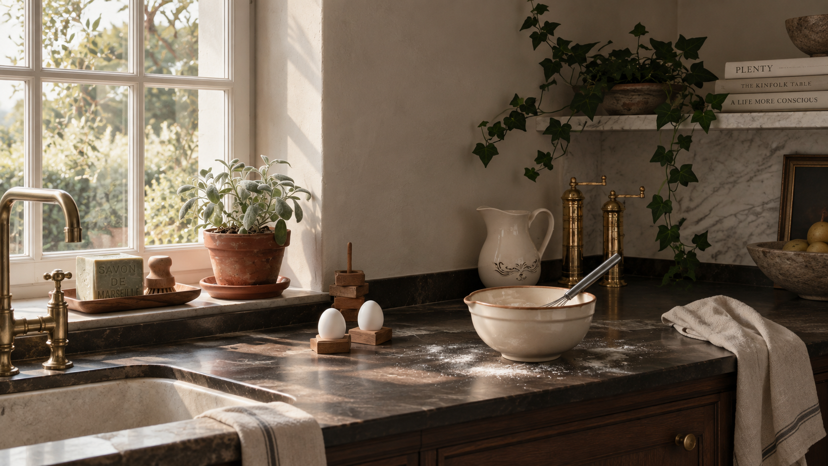 A warm, rustic kitchen scene with a dark stone countertop, a cream-colored mixing bowl with a spoon, wooden egg stands, a white pitcher, and brass fixtures near a window with potted plants.